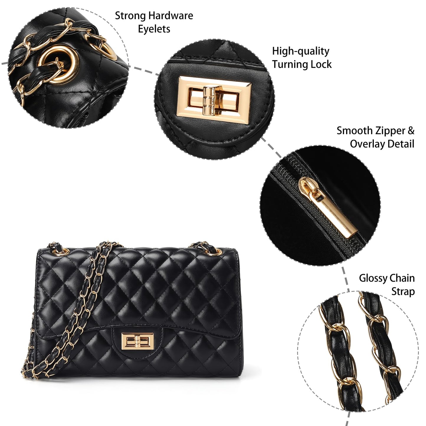 Quilted Leather Crossbody Bags for Women Trendy Ladies Shoulder Purse Satchel HandBag with Chain Strap