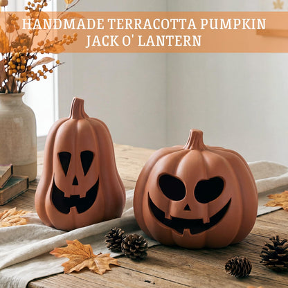Tioncy 2 Pack Fall Decor Halloween Decorations Terracotta Pumpkin Decoration Handmade Clay Pumpkin Jack-o-Lantern Halloween Tealight Holder Rustic Farmhouse Fall Home Decor for Table(Orange)