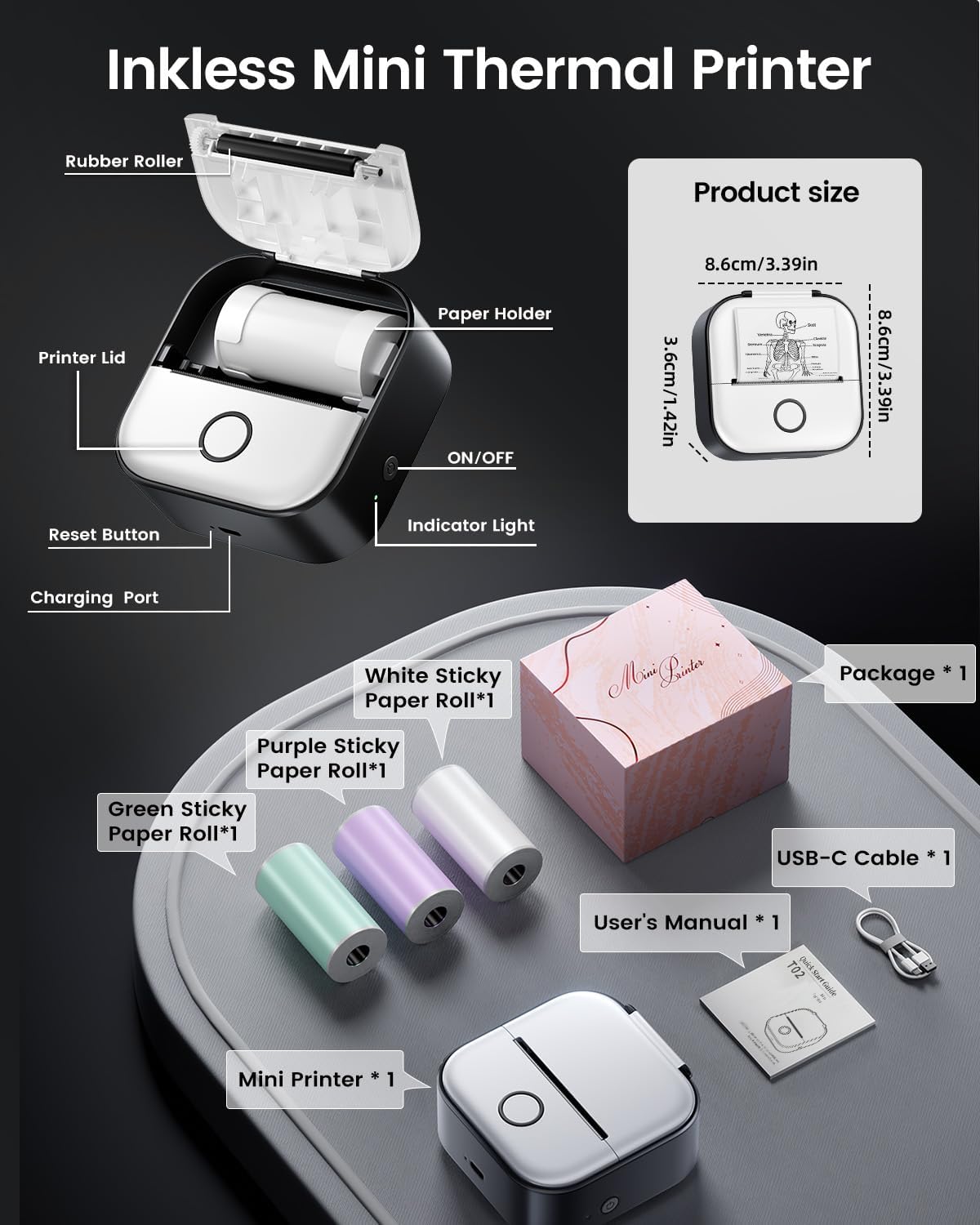 Memoking Mini Printer - Sticker Printer T02 Inkless Sticker Maker Machine