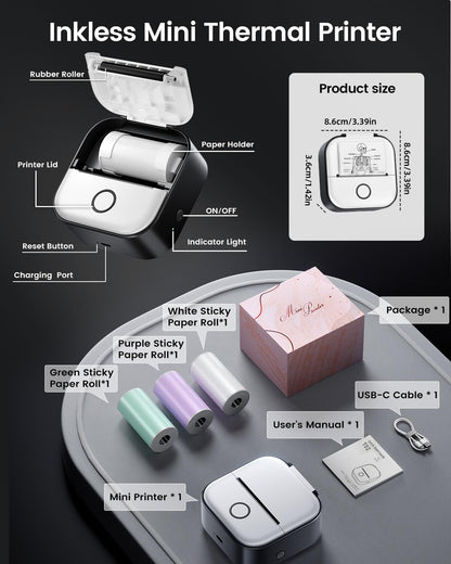 Memoking Mini Printer - Sticker Printer T02 Inkless Sticker Maker Machine