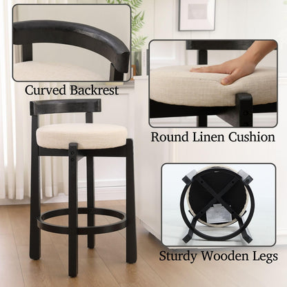 LukeAlon Mid Century Linen Counter Stools Set of 4, Upholstered 26.5” Seat Height Low Barstools with Natural Wood Legs Round Low Back Kitchen Stools with Footrest for Dining Room, Beige