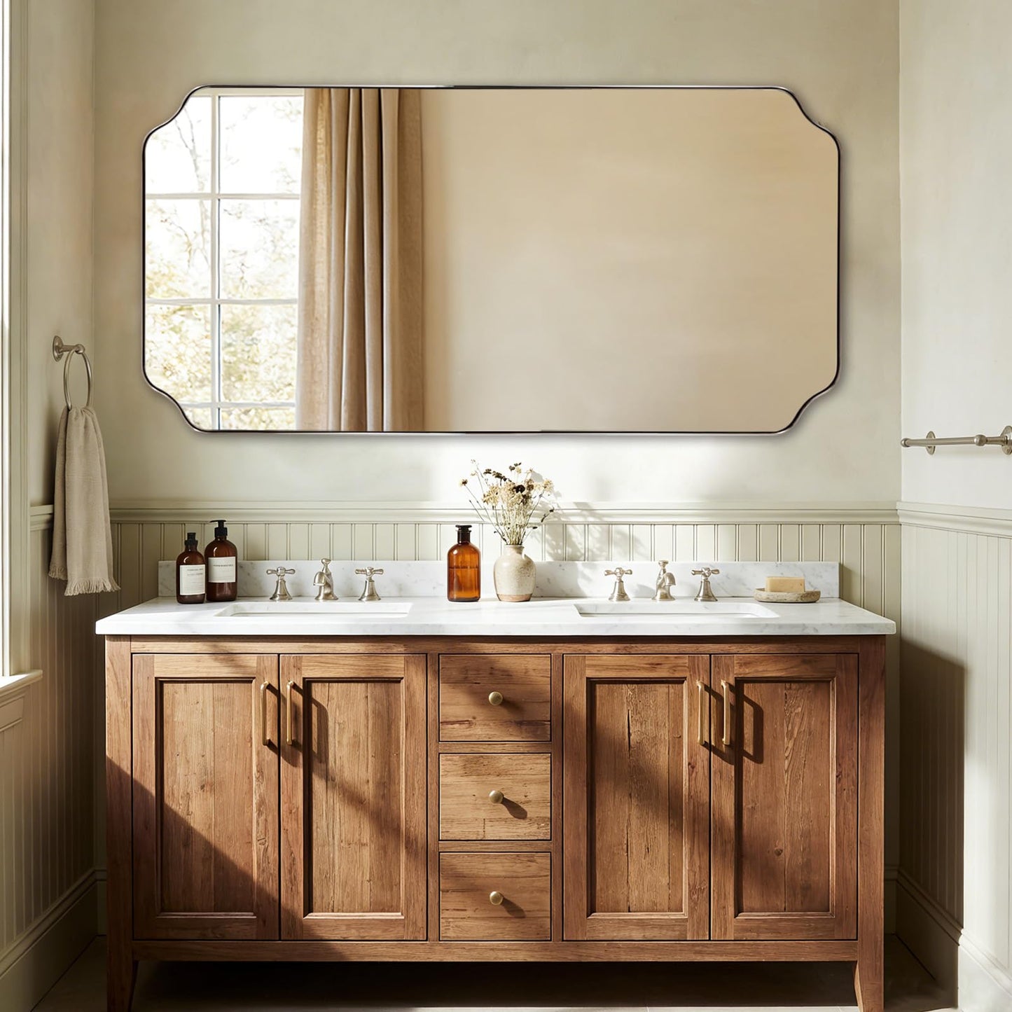 ANDY STAR Unique Rectangle Wall Mirror, 24"x32" Black Mirror, Modern Mirror with Aesthetic Scalloped Edge Design Ideal for Bathroom, Bedroom or Entryway, Thin Frame Deep 1’’
