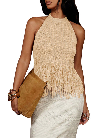SweatyRocks Women's Boho Fringe Halter Tops Sleeveless Open Back Summer Knit Crochet Tank Top