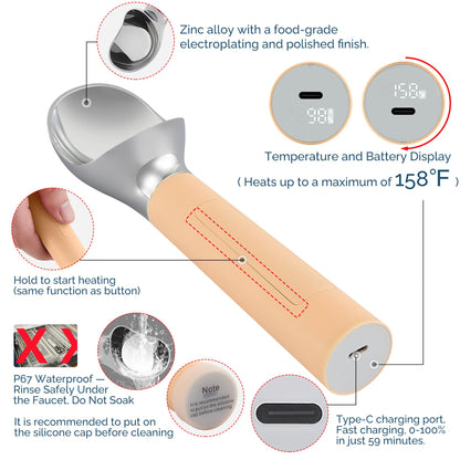Heated Ice Cream Scoop Rechargeable, Electric Warming Ice Cream Scooper with LED Display, Heats to 158°F for Hard Ice Cream, Easy for Seniors & Kids, IP67 Waterproof (White, 2 oz)