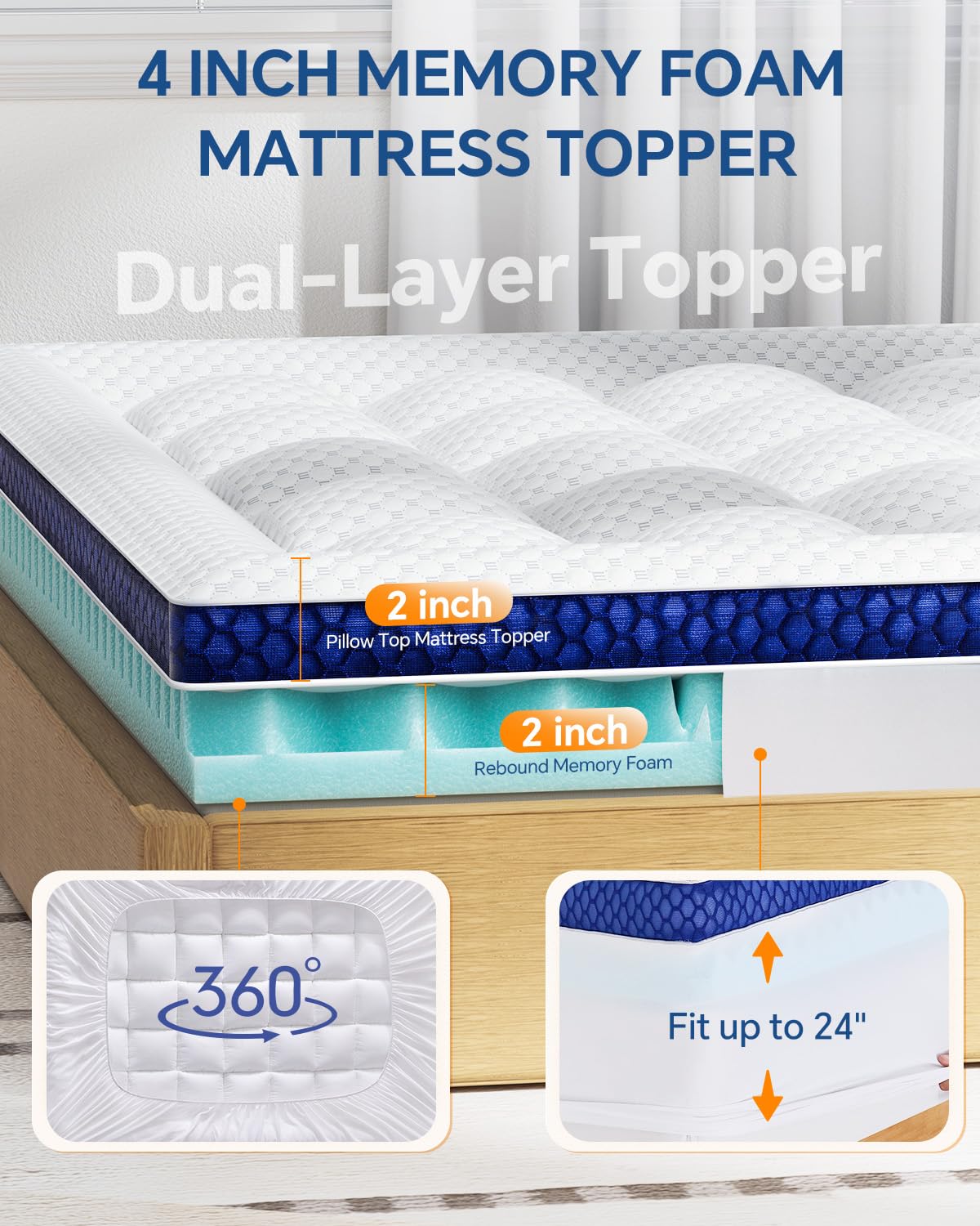 BEDELITE Dorm Room Essentials, Dual Layer 4 Inch Twin XL Memory Foam Mattress Topper for College Students Back to School, 2 Inch Pillow Top Mattress Pad and 2 Inch Cooling Gel Foam for Pressure Relief