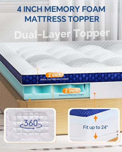BEDELITE Dorm Room Essentials, Dual Layer 4 Inch Twin XL Memory Foam Mattress Topper for College Students Back to School, 2 Inch Pillow Top Mattress Pad and 2 Inch Cooling Gel Foam for Pressure Relief