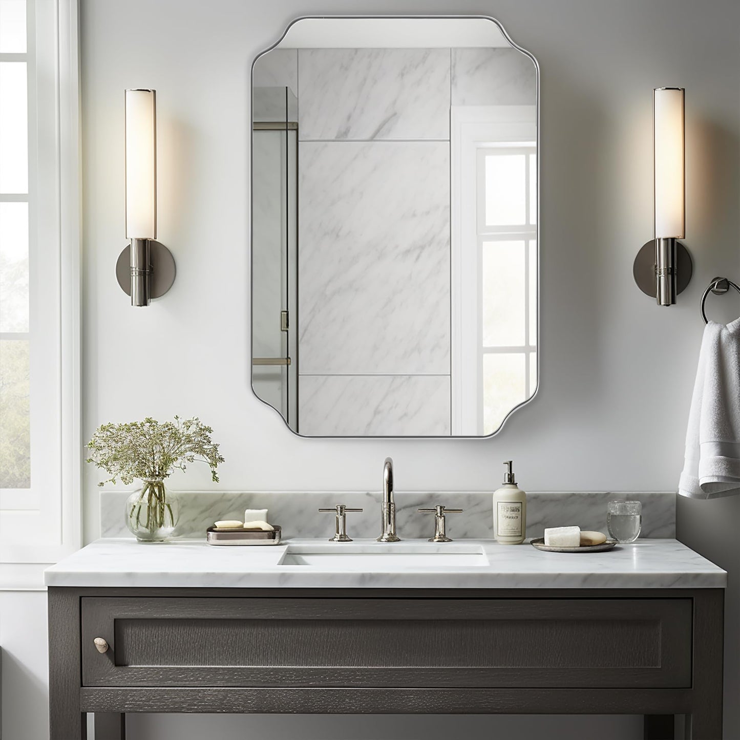 ANDY STAR Unique Rectangle Wall Mirror, 24"x32" Black Mirror, Modern Mirror with Aesthetic Scalloped Edge Design Ideal for Bathroom, Bedroom or Entryway, Thin Frame Deep 1’’