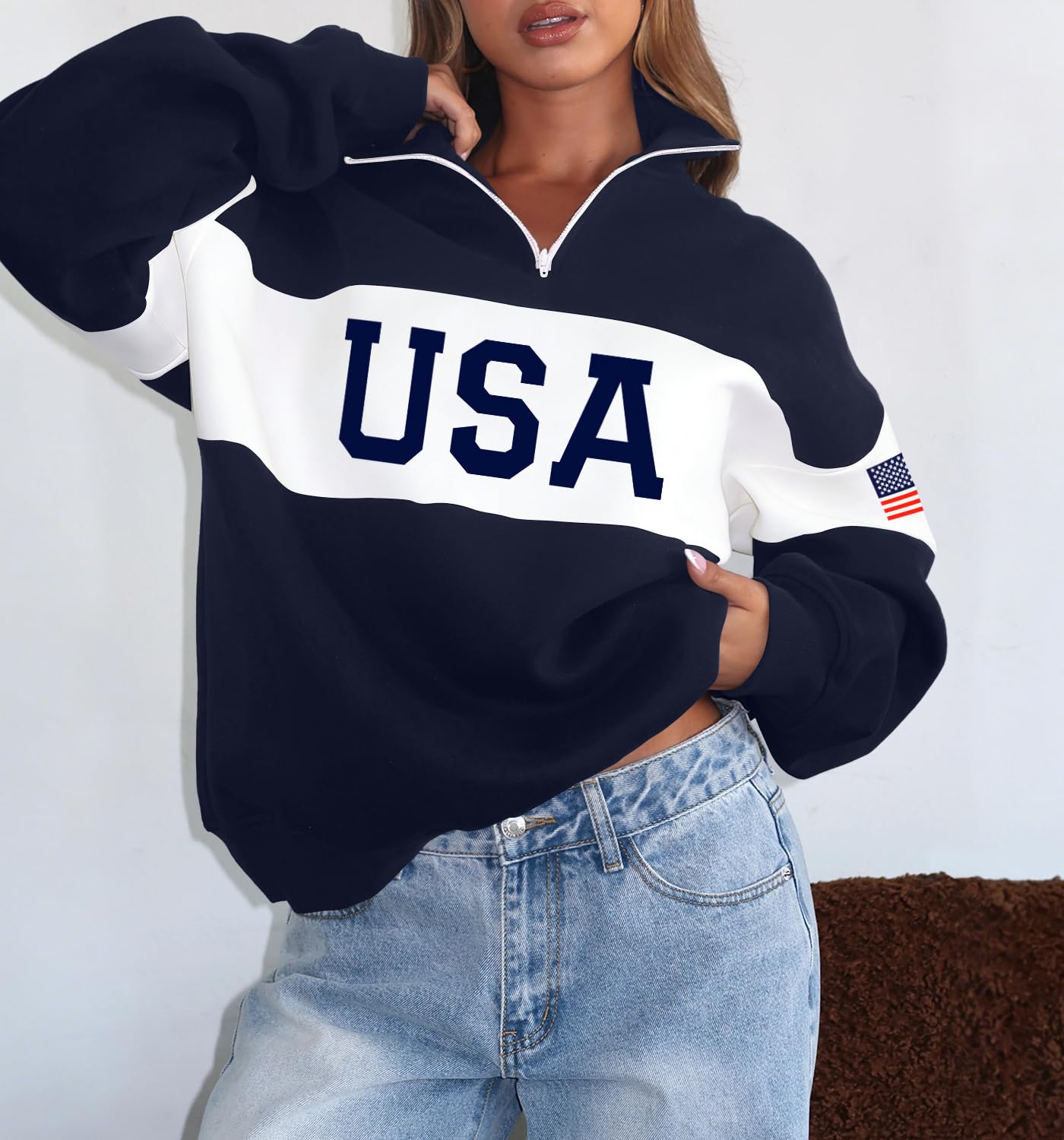 LEEDYA Women Long Sleeve American Flag Sweatshirts Half Zip USA Sweater