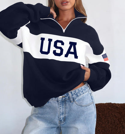 LEEDYA Women Long Sleeve American Flag Sweatshirts Half Zip USA Sweater