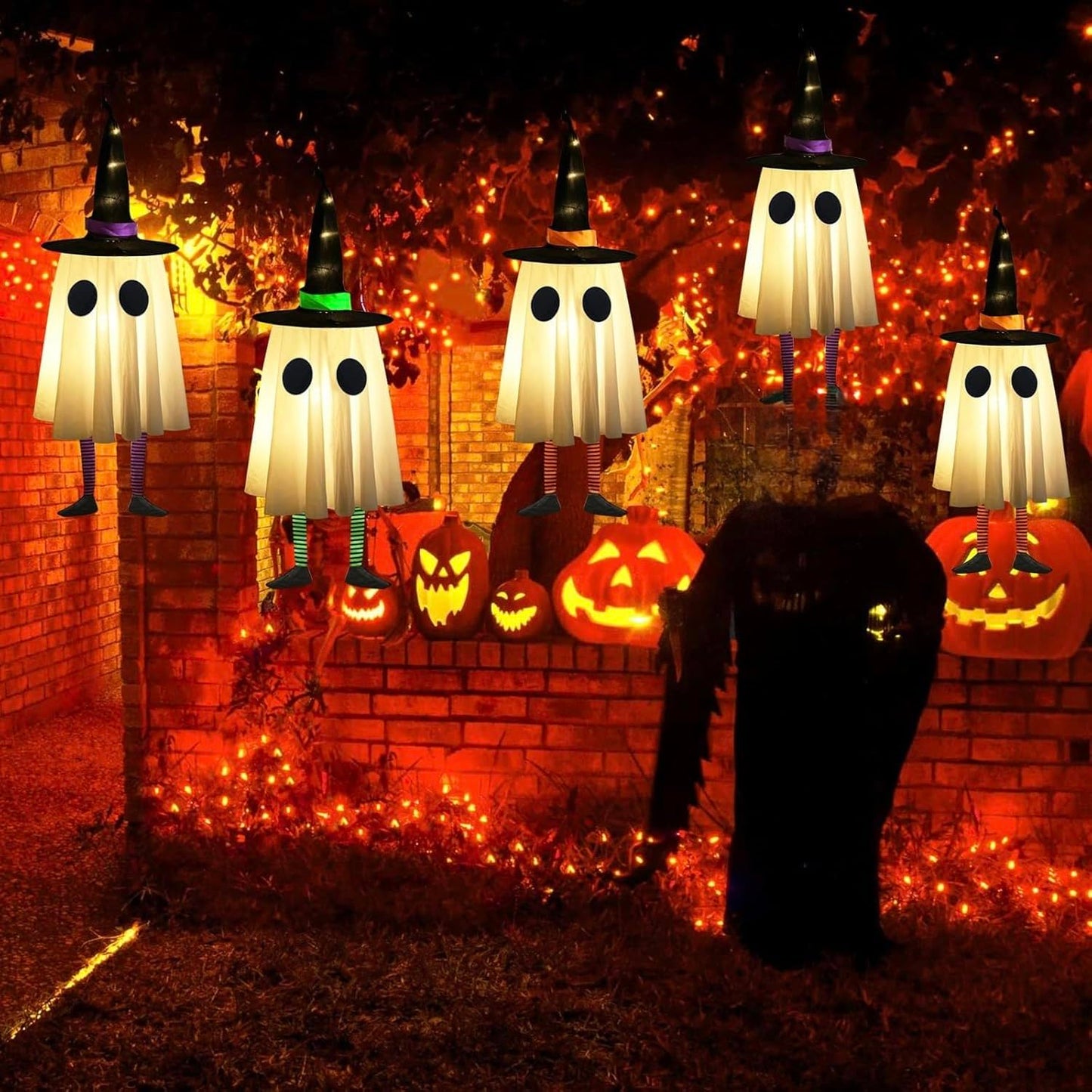 Set of 4 Halloween Hanging Ghosts, Halloween Decorations Outdoor Hanging Ghosts with Witch Hat,Glowing Ghost Witch Hat Lights, Light up Ghost Decor for Yard Patio Garden Tree Outside(4 Ghost Lighted)