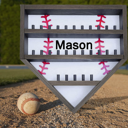 Personalized Wooden Baseball Display Holder - Custom Name Balls, Championship Ring, Wall Mount, Father's Day, Birthday (Black)