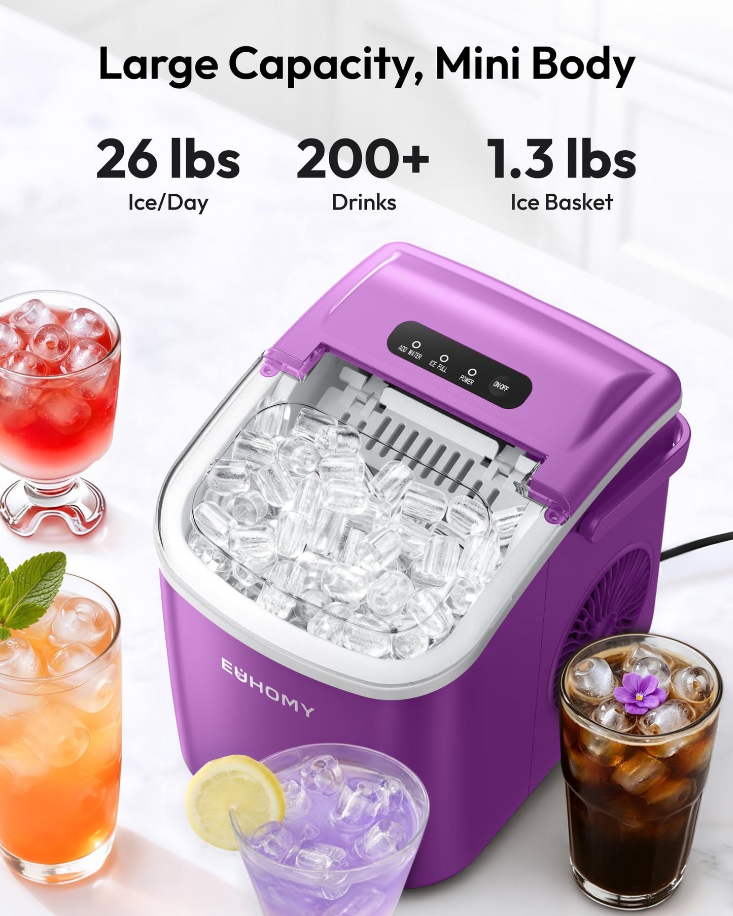 EUHOMY Countertop Ice Maker Machine with Handle, 26lbs in 24Hrs, 9 Ice Cubes Ready in 6 Mins, Auto-Cleaning Portable Ice Maker with Basket and Scoop, for Home/Kitchen/Camping/RV. (Black)
