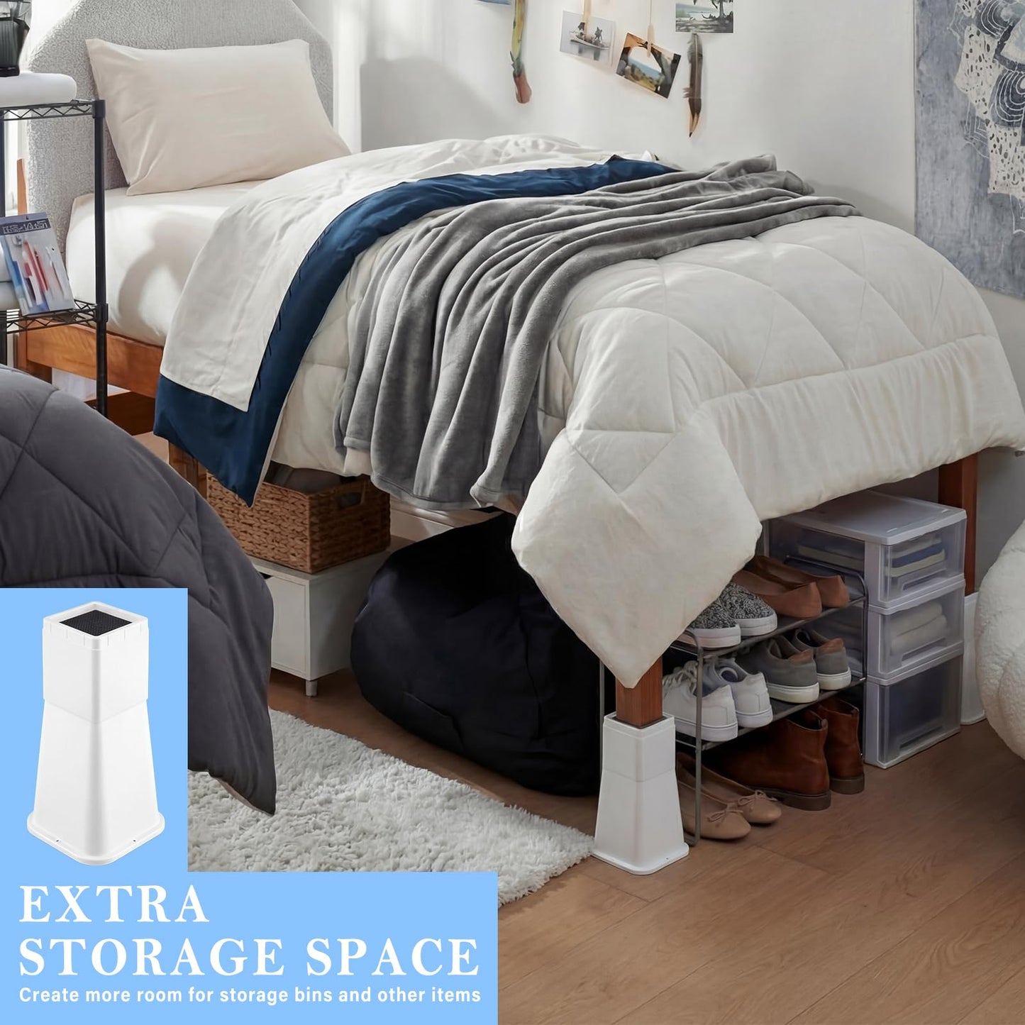Novabright 4 Pack 12 Inch College Dorm Bed Risers Heavy Duty Extra Plastic Dorm Bed Extender Stackable Furniture Risers for College Room Storage Sofa Table Desk Couch Chair(White)