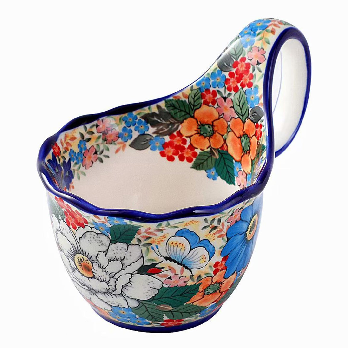 ALMA Handpainted Microwavable Soup Bowl with Loop Handle 18.6oz, Cereal Bowl With Handle Great for Berry, Fruits, Chili, Stew, Ice cream,Floral Soup Mug for Women