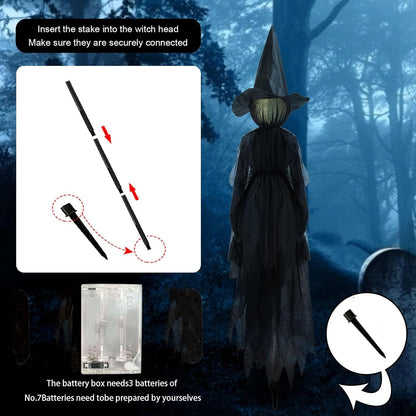 Halloween Witch Decorations Outdoor - 5 FT Set of 3 Light Up Holding Hands Witches Stakes with Glowing Faces, Sound-Activated Screaming Sensor, Waterproof Life Size Scary Halloween Yard Decorations