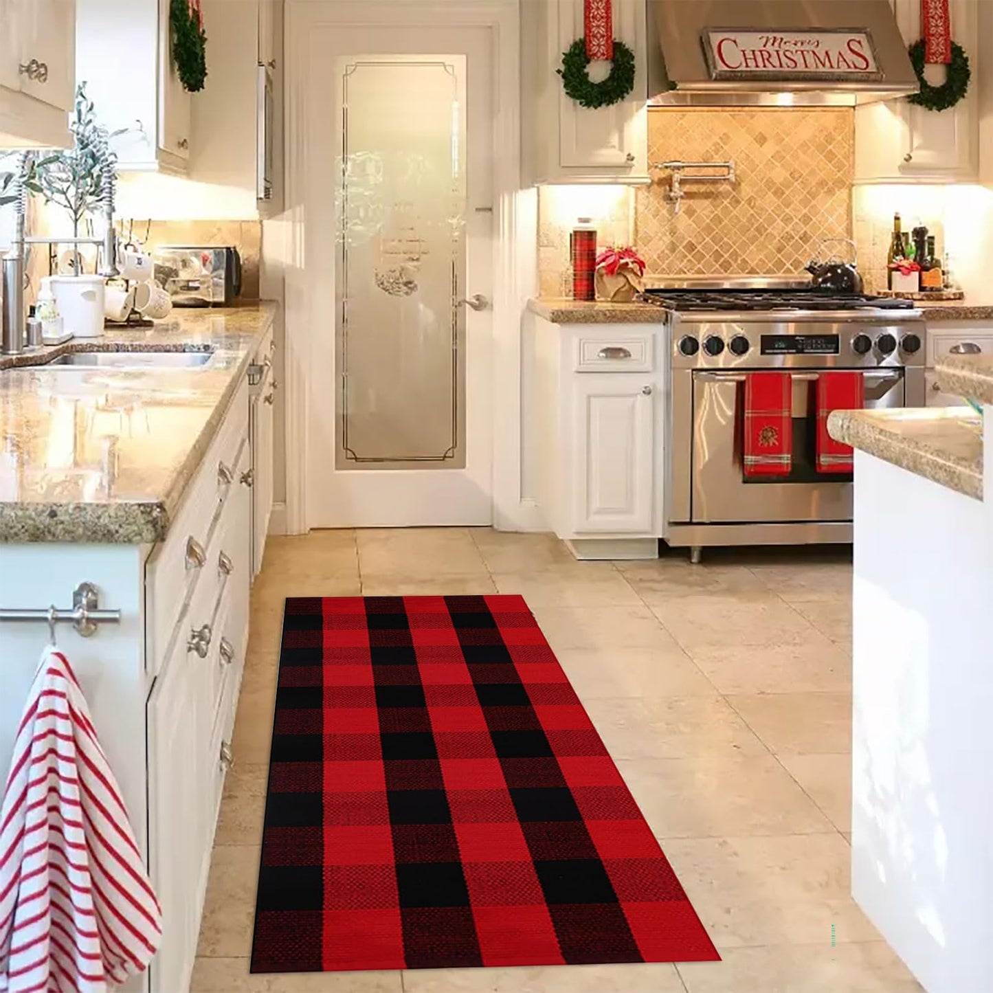 Christmas Door Mat Outdoor 35.4''x59'' Buffalo Plaid Christmas Decor Rug Cotton Hand-Woven Layered Door Mats Washable Carpet for Front Porch, Kitchen, Farmhouse, Entryway