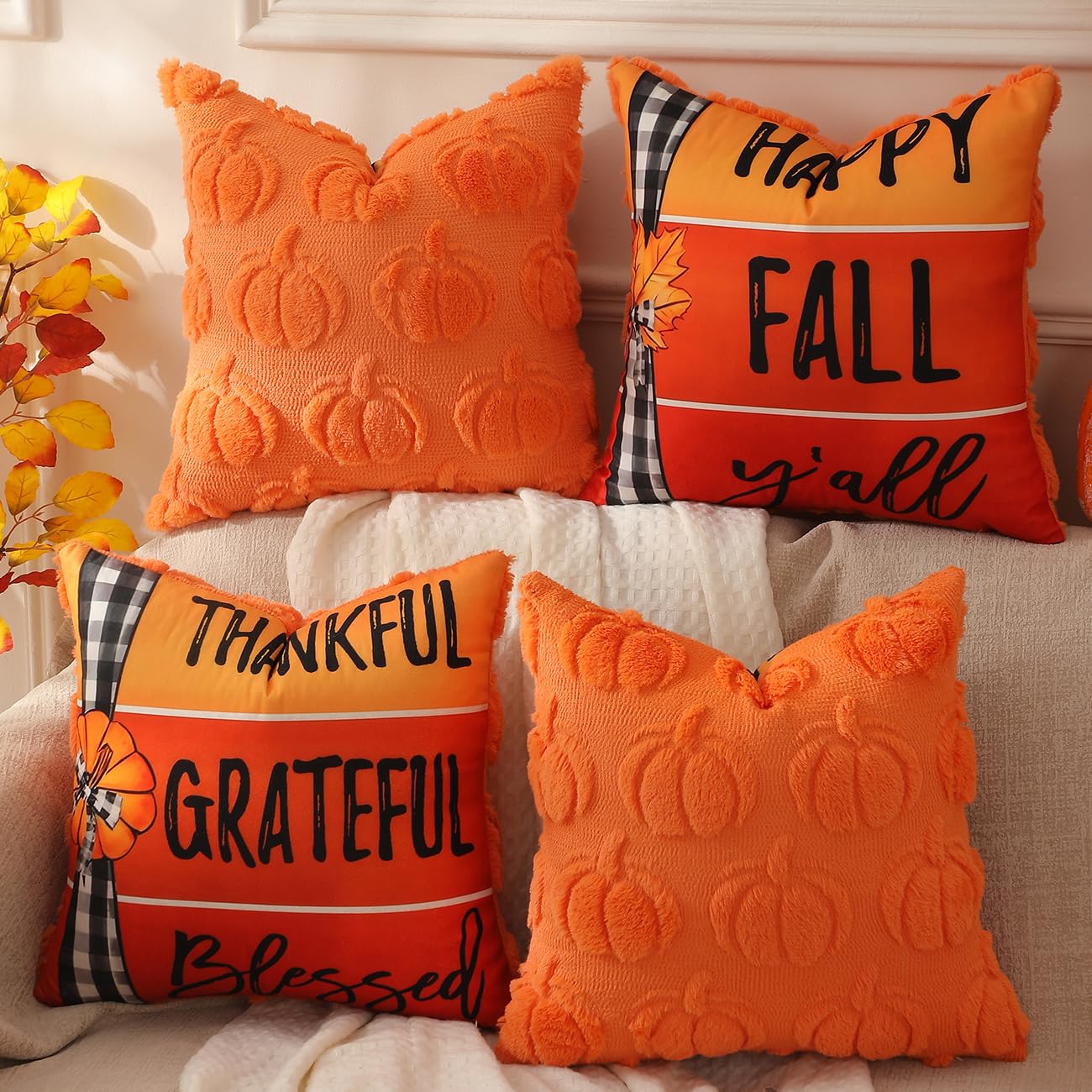 TOYPOPOR Halloween Decorations, 2 Packs Double Sided Ghost Pillow Covers, Soft Fur Throw Pillow Cases Indoor outdoor Pumpkin Couch Cushion Case for Fall Autumn Bedroom Living Room Home Decor 18''x18''