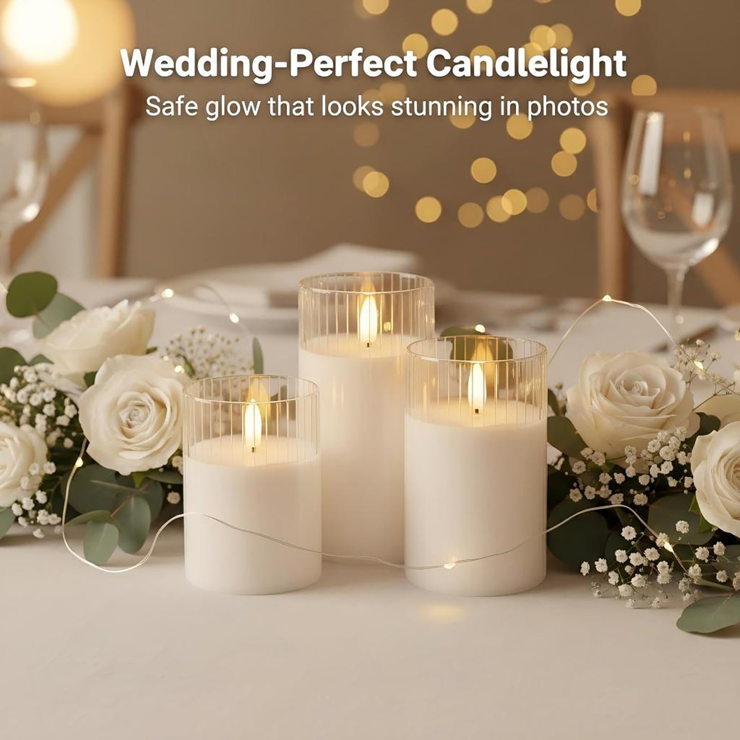 ANGELLOONG Gold Candles for Bathroom Decor, Glass Flameless Candles with Remote, Battery Operated LED Pillar Fake Candles with Timer for Christmas Home Fireplace Mantle Fall Decor