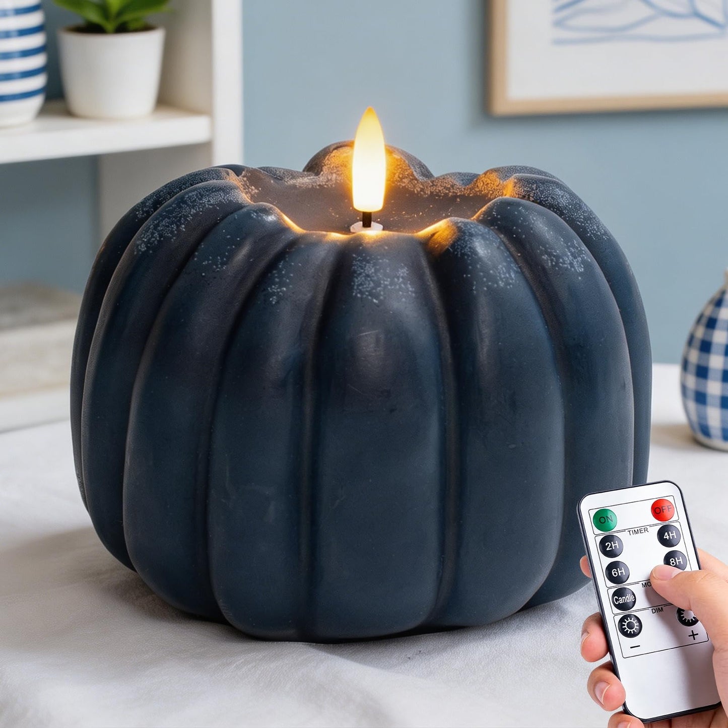 Fall Decor, Fall Decorations for Home - Flameless Pumpkin Candle with Timer Remote - Room Bedroom Table Farmhouse Decor for Halloween, Thanksgiving, Orange+White