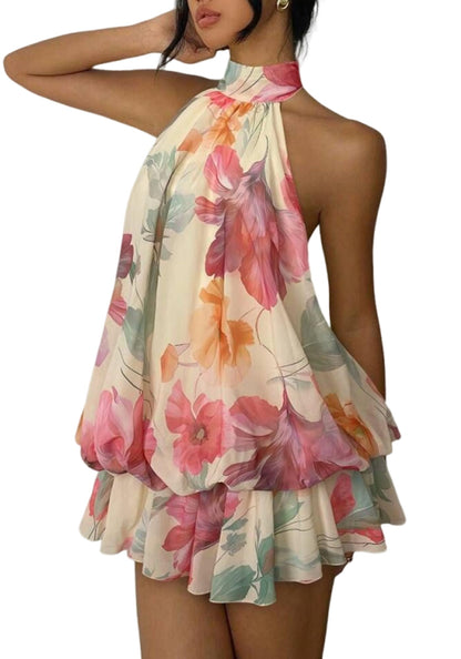 Women's Chiffon Halter Drop Waist Mini Dress Wedding Guest Dresses Ruffle Formal Club Holiday Brunch Outfits