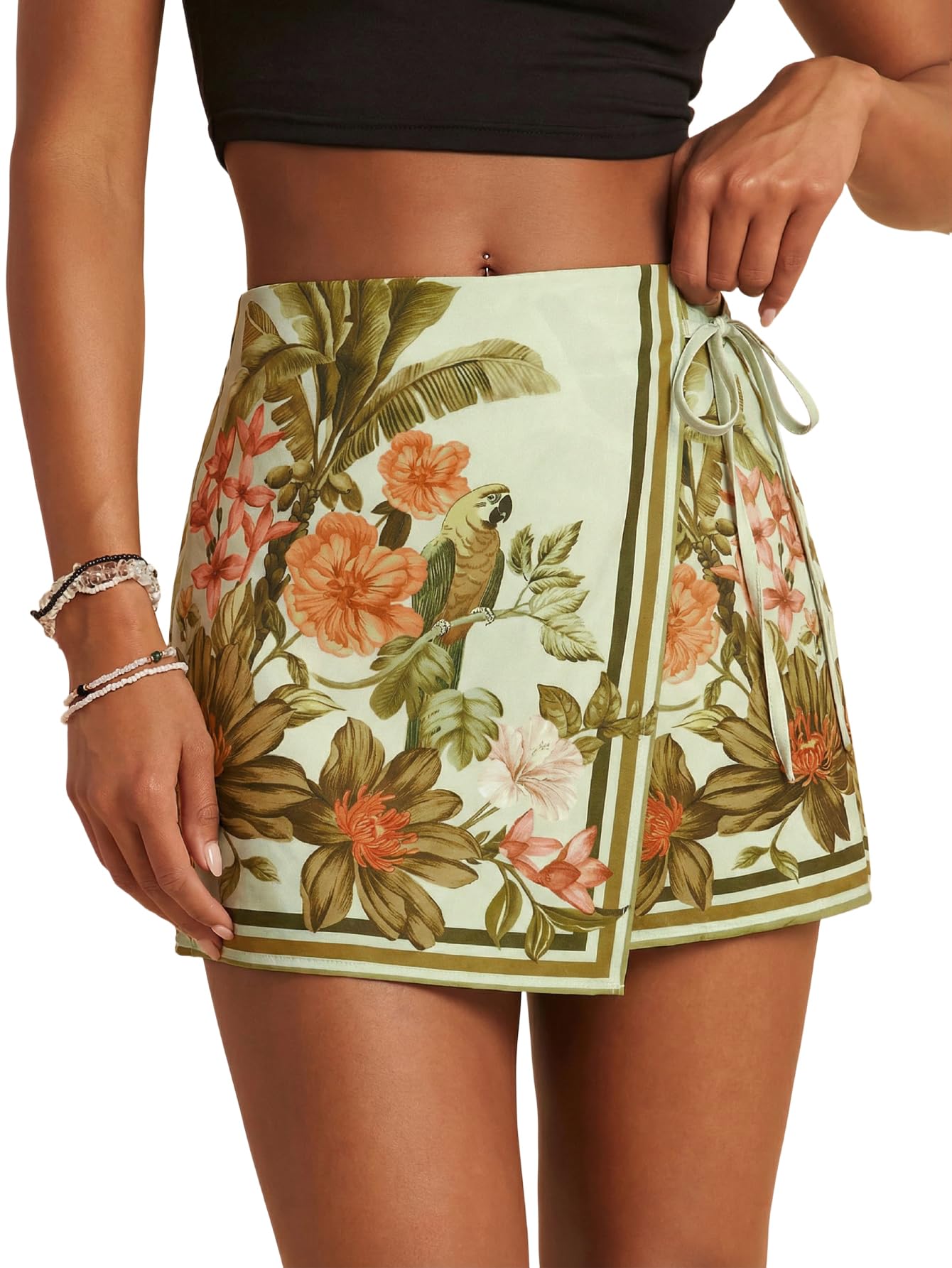 Sweatyrocks Women's Boho Mini Skirts Floral Shorts Tie Side Wrap Elastic Waist Summer Skorts Beach Vacation Outfits