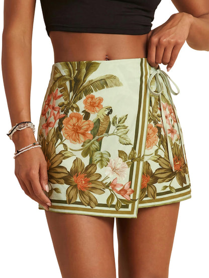 Sweatyrocks Women's Boho Mini Skirts Floral Shorts Tie Side Wrap Elastic Waist Summer Skorts Beach Vacation Outfits
