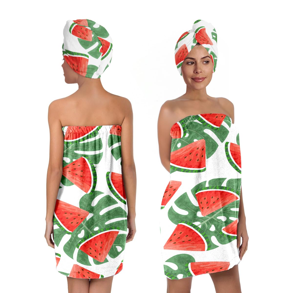 Strawberry Print Bath Wrap and Hair Drying Towel Set – Microfiber Quick Dry Shower Body Wrap for Women, Absorbent Spa Skirt with Elastic Band and Cute Bow Design (Strawberry 1)