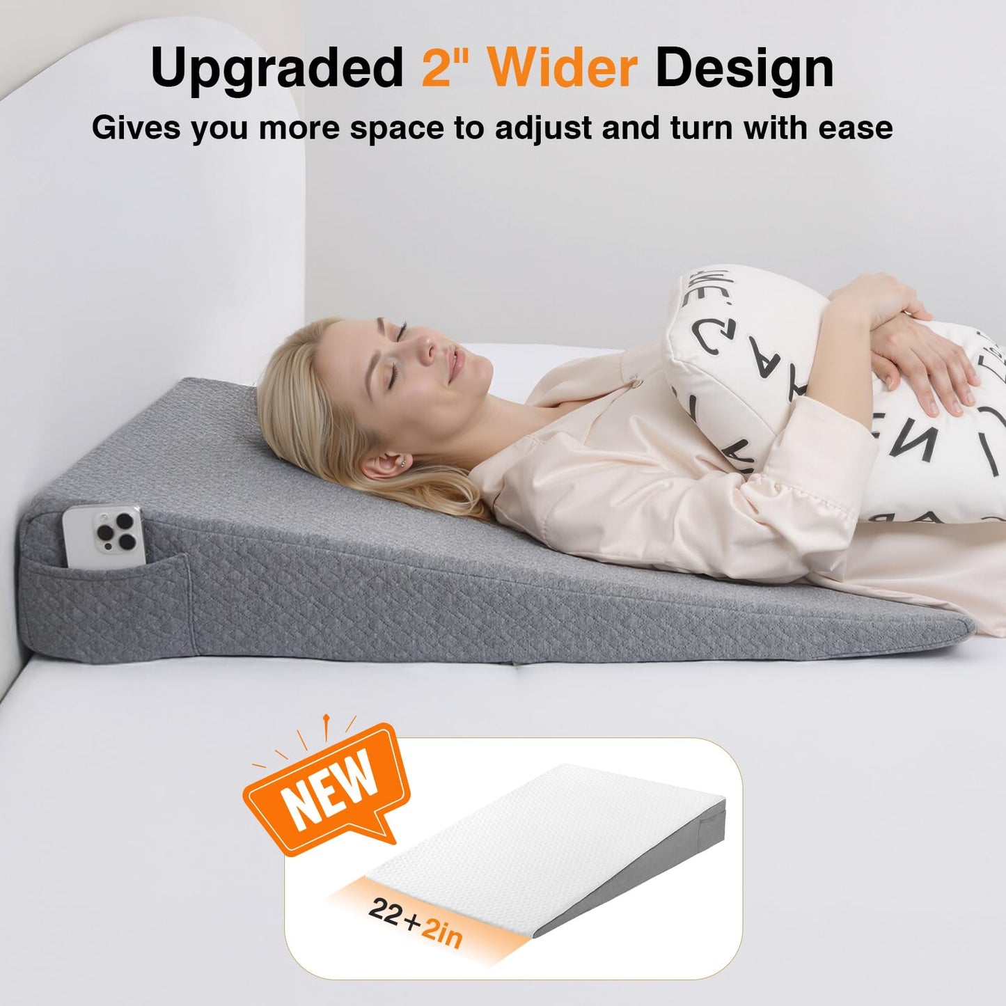 Vekkia King Bed Wedge Pillow for Headboard Gap, 0–6" Gap Filler with Side Pockets & Washable Cover, Gray 76"x10"x6"