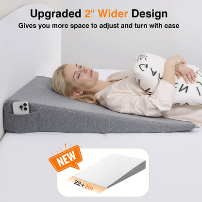 Vekkia King Bed Wedge Pillow for Headboard Gap, 0–6" Gap Filler with Side Pockets & Washable Cover, Gray 76"x10"x6"
