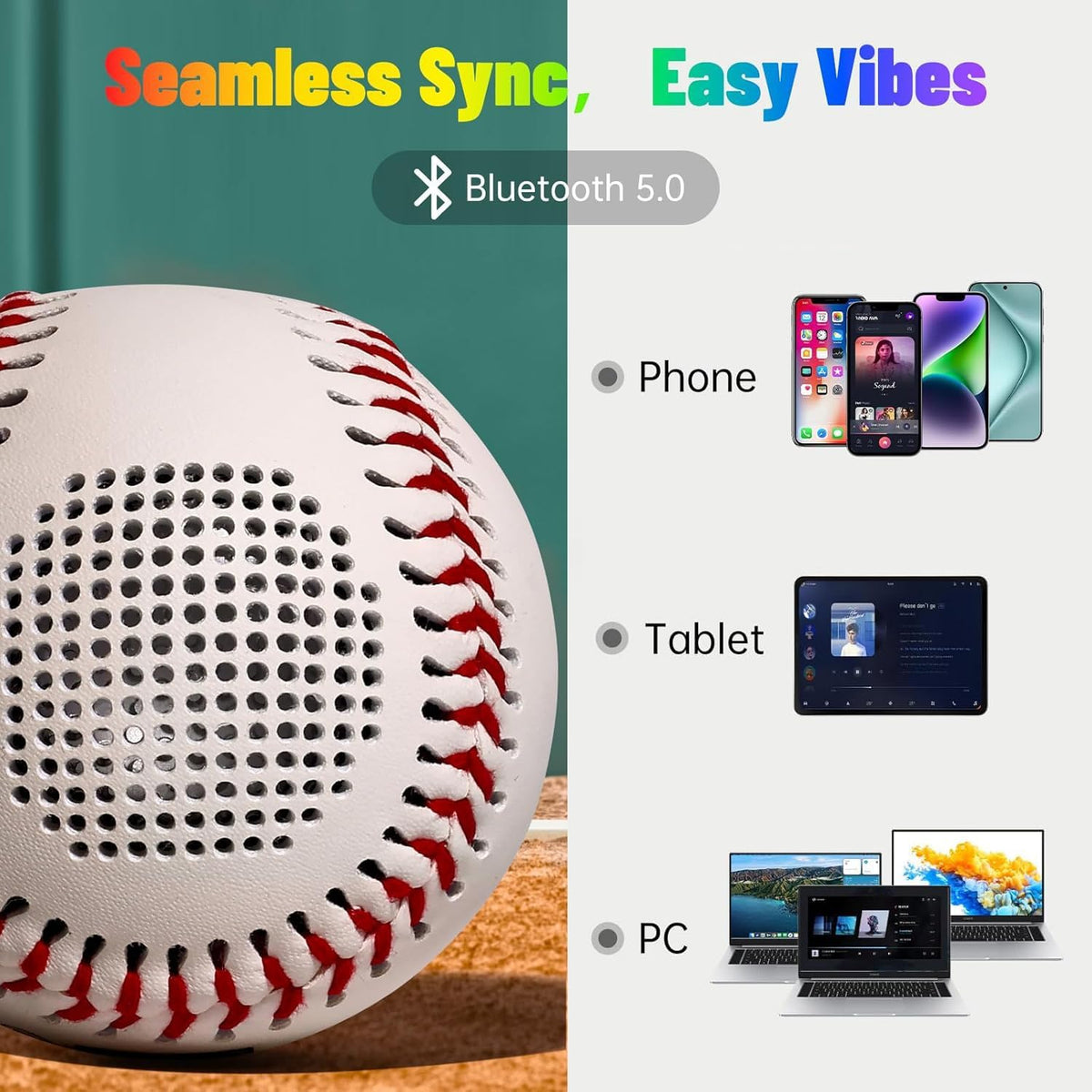 Glow Baseball Bluetooth Speaker，Portable Sports Gift for Fans, Waterproof Outdoor Speaker with Party Lights.