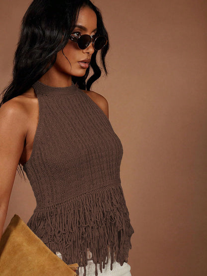 SweatyRocks Women's Boho Fringe Halter Tops Sleeveless Open Back Summer Knit Crochet Tank Top
