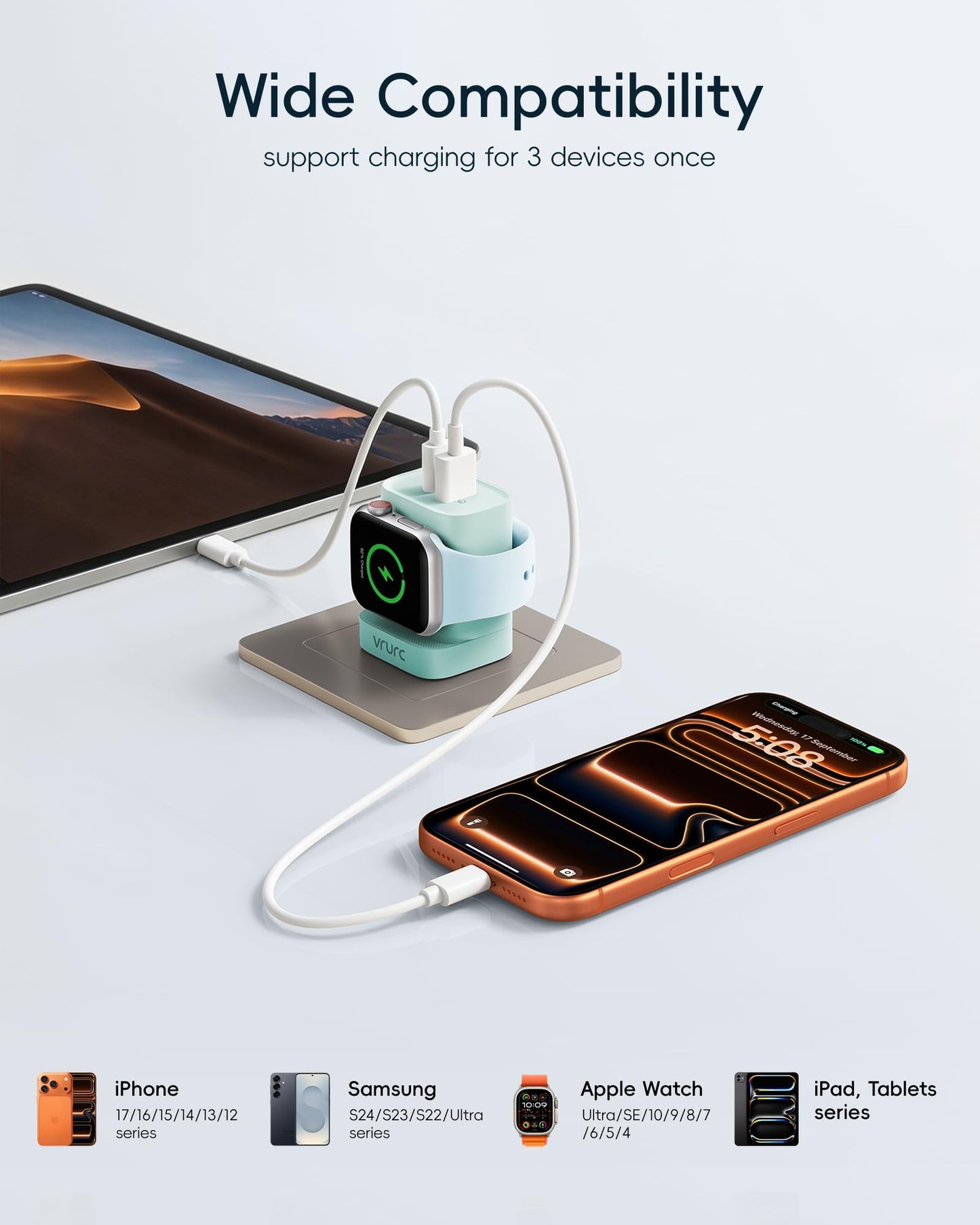VRURC Fast Charger for Apple Watch, Built-in Wireless Magnetic Charging Station for iWatch SE/11/10/9/8/7/6/5/4, PD 20W USB C Charging Block, Foldable Wall Charger for iPhone 17/16/15/14/13-White