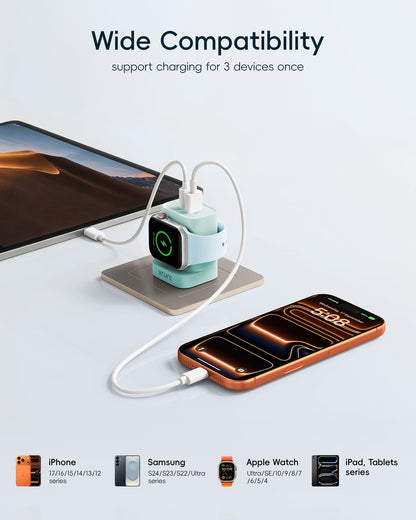VRURC Fast Charger for Apple Watch, Built-in Wireless Magnetic Charging Station for iWatch SE/11/10/9/8/7/6/5/4, PD 20W USB C Charging Block, Foldable Wall Charger for iPhone 17/16/15/14/13-White