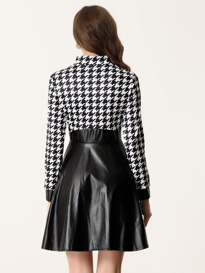Allegra K Women's PU Faux Leather Houndstooth Patchwork Zipper Up Club Party A-Line Dress