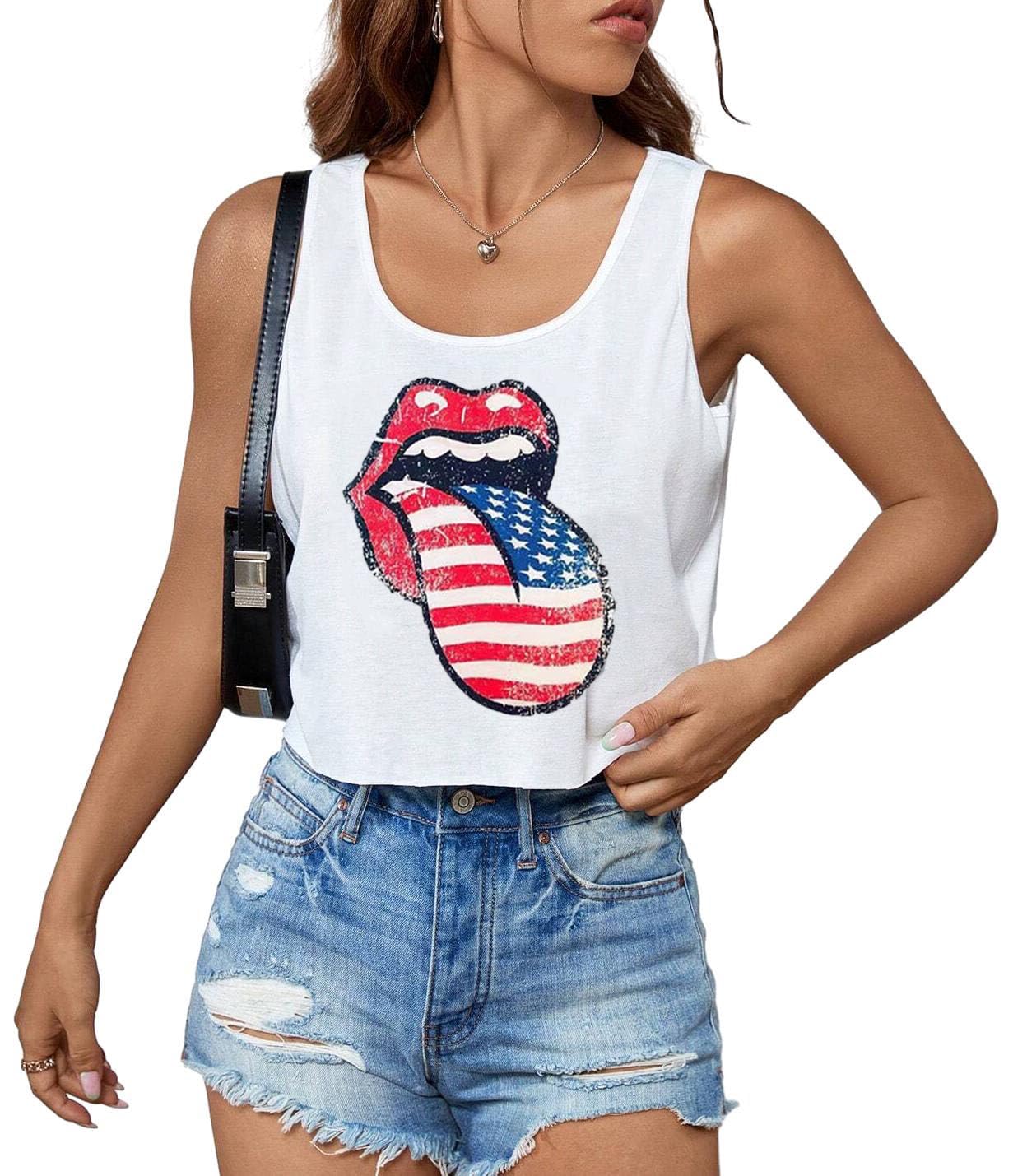 4th of July Crop Tops for Women Funny American Flag Shirts Tank Tops Outfits