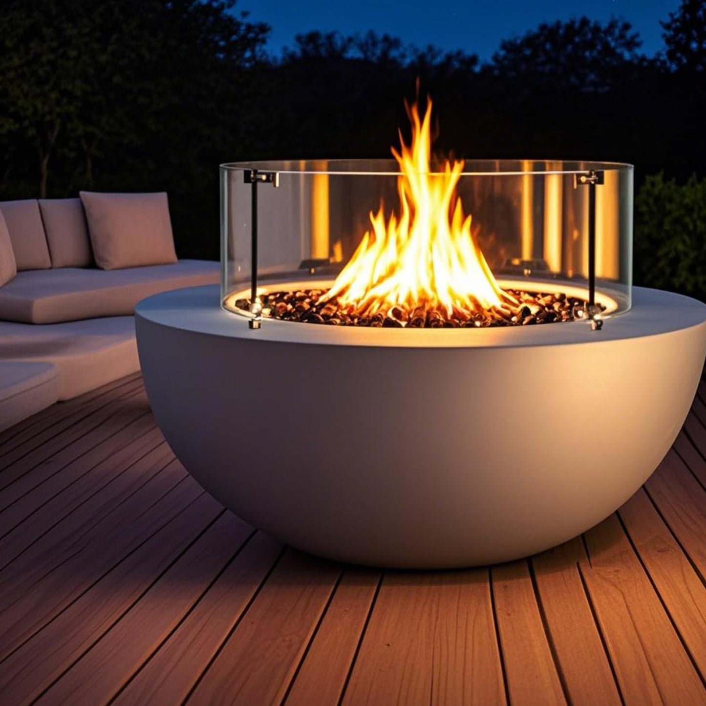 31.5 Inch Round Propane Fire Pit Table - Concrete Round Fire Bowl 50,000 BTU Natural Gas Firepit Burner with Steel Lid, Lava Rocks, Waterproof Cover for Outside Patio, Backyard, Party