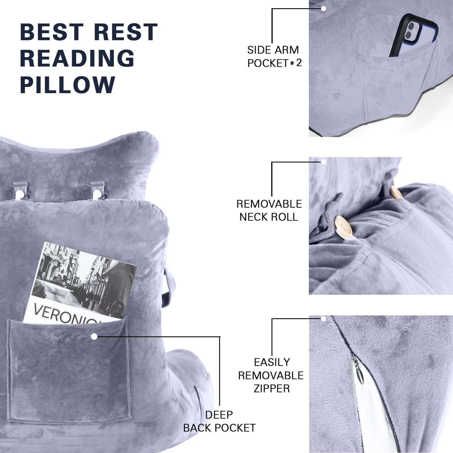 Reading Pillow-Extra Large 31" Bed Rest Pillow with Detachable Neck Roll & Arms for Sitting in Bed or Couch-Backrest Reading Pillow Adult Back Pillows for Reading,Watching TV,Gaming,Relaxing-Black