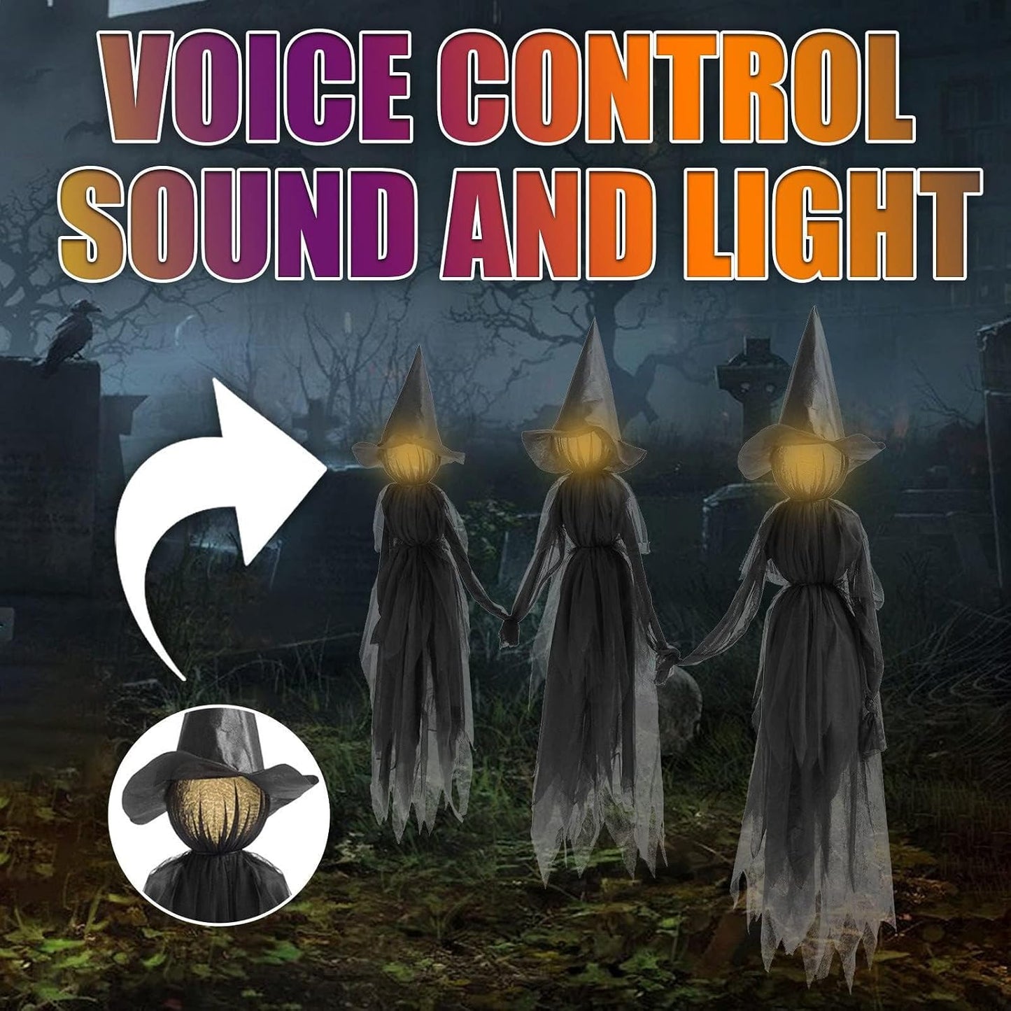 Halloween Witch Decorations Outdoor - 5 FT Set of 3 Light Up Holding Hands Witches Stakes with Glowing Faces, Sound-Activated Screaming Sensor, Waterproof Life Size Scary Halloween Yard Decorations