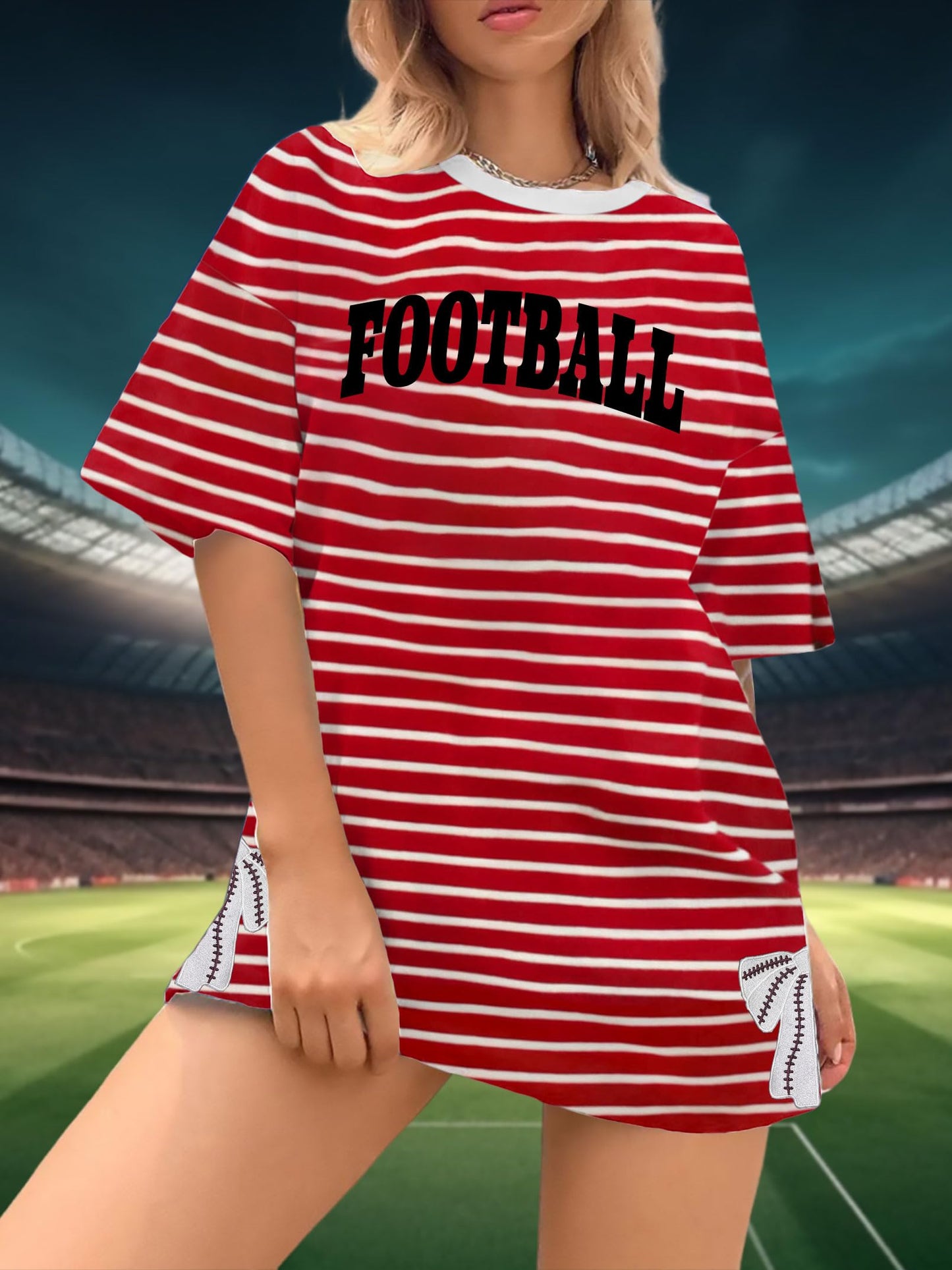 Football Shirts for Women Oversize Game Day T-Shirts Bow Side Split T-Shirt | Football Season Graphic Tee Tops Oversize Football Graphic Short Sleeve Tee Top