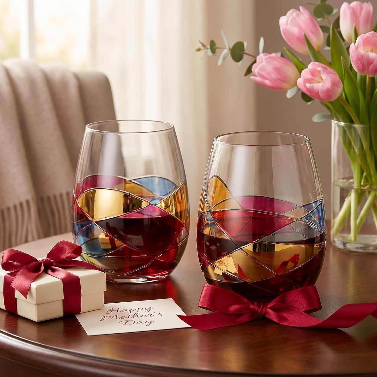 Artisanal Hand Painted Stemless Wine Glasses - Everyday Celebrations, Gift Idea for Wife, Mom, Valentine, Holiday Renaissance Romantic Stain-glassed Windows, 2 Set - Gift Idea Birthday, Housewarming