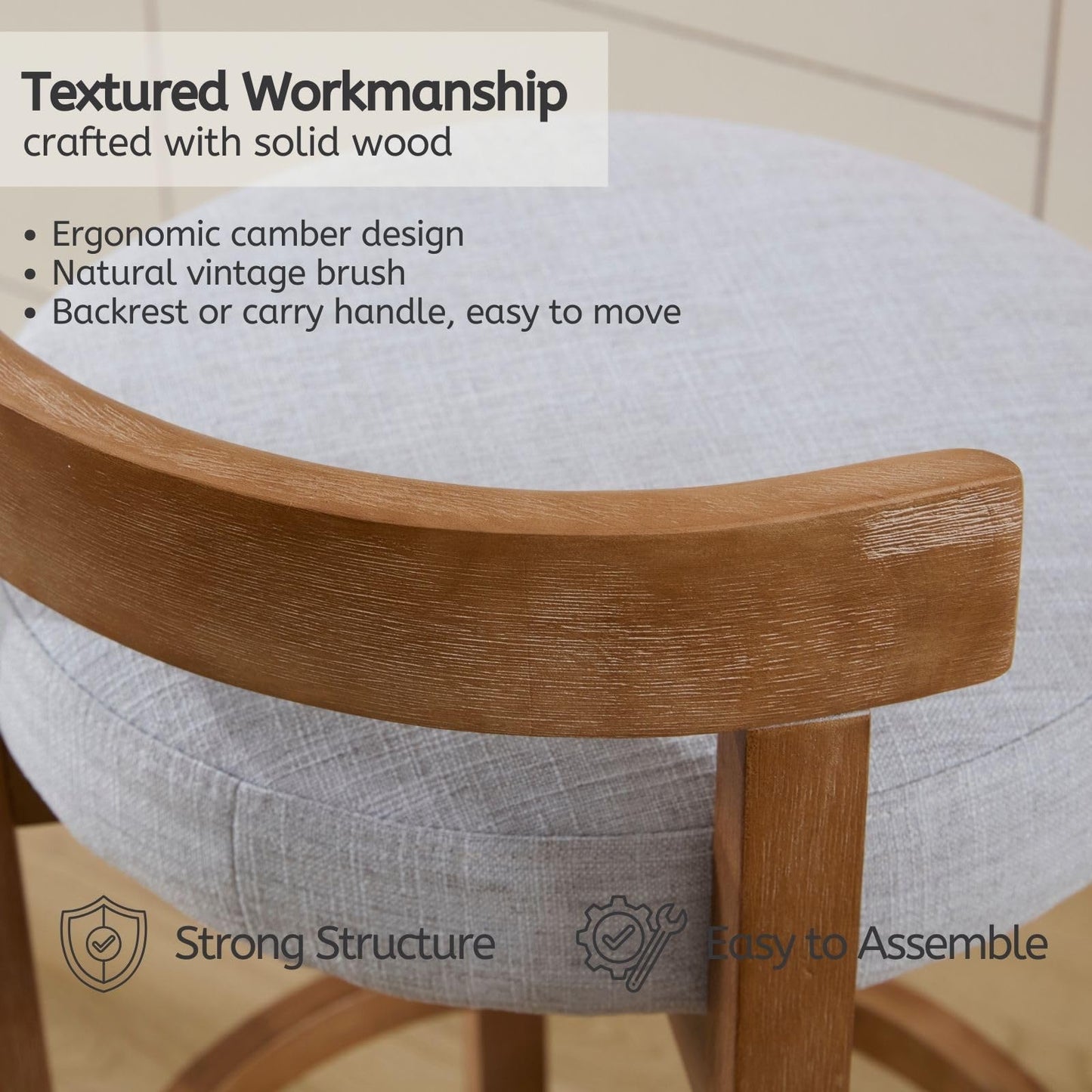 LukeAlon Mid Century Linen Counter Stools Set of 4, Upholstered 26.5” Seat Height Low Barstools with Natural Wood Legs Round Low Back Kitchen Stools with Footrest for Dining Room, Beige