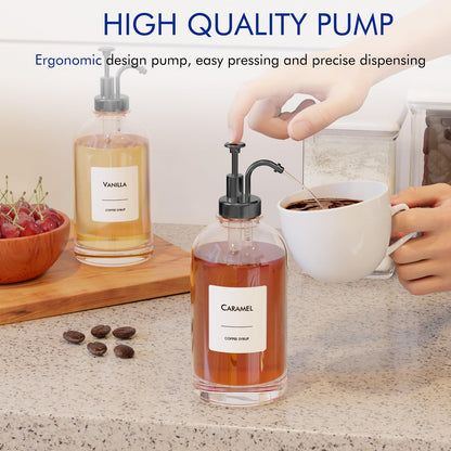 16.9 oz (500 ml) Coffee Syrup Dispenser Set- 4 Glass Bottles with Gold Pumper and Syrup Labels - Precise Dispensing and Stylish Addition to Coffee Shop, Cafe or Home Bar