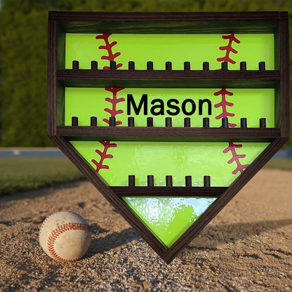 Personalized Wooden Baseball Display Holder - Custom Name Balls, Championship Ring, Wall Mount, Father's Day, Birthday (Black)