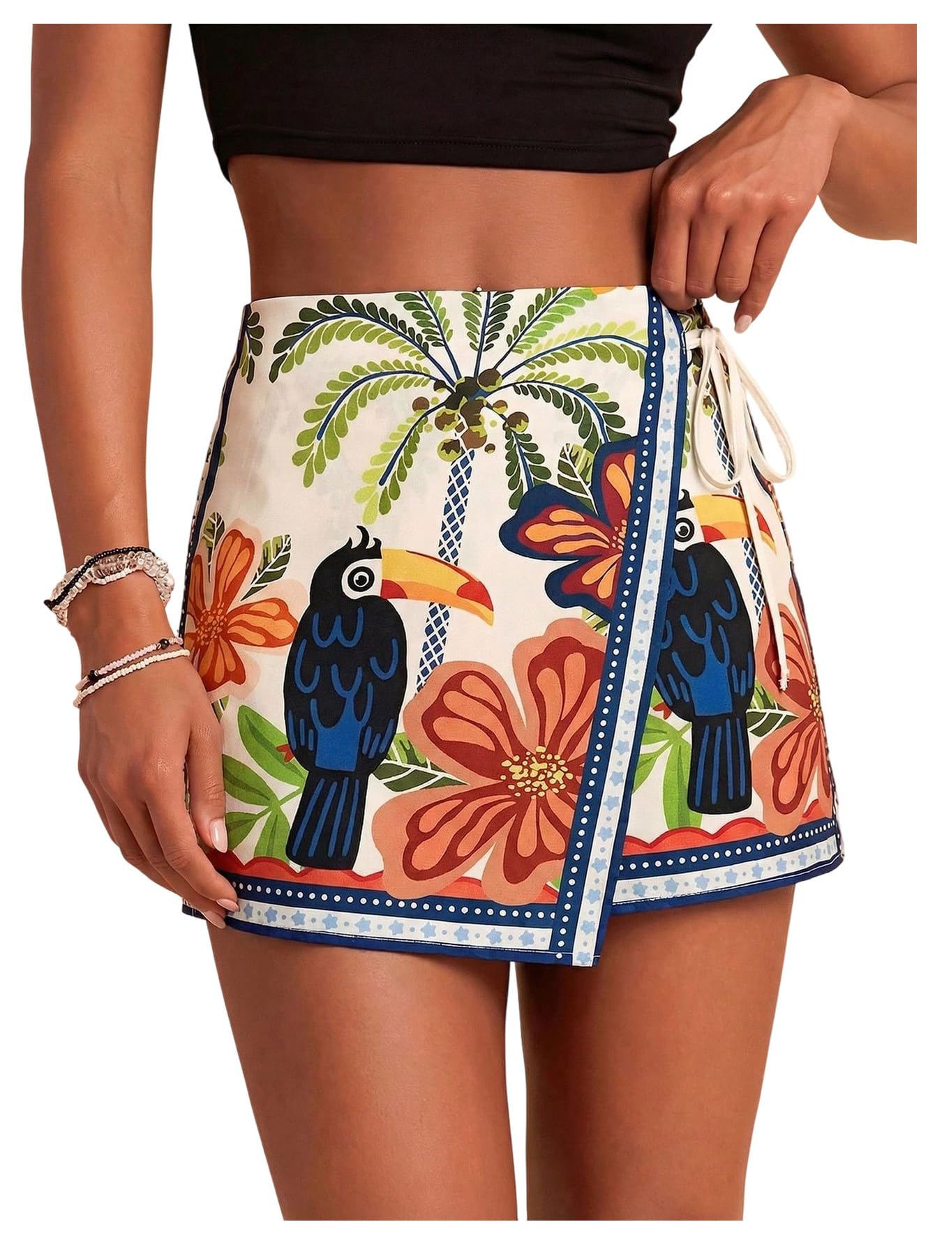 Sweatyrocks Women's Boho Mini Skirts Floral Shorts Tie Side Wrap Elastic Waist Summer Skorts Beach Vacation Outfits
