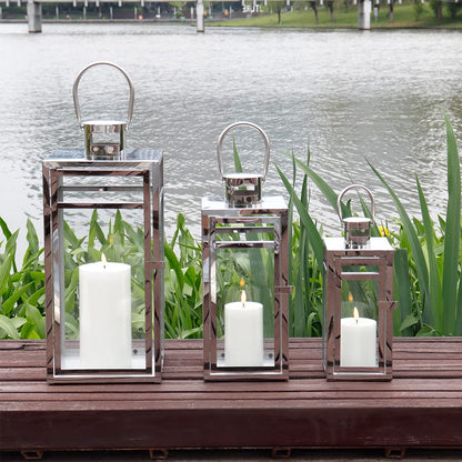 TRIROCKS Set of 3 Stainless Steel Candle Lantern 19/15/12'' High Metal Candle Holder with Tempered Glass Panels Perfect for Home Decor Living Room Parties Events Tabletop Indoors Outdoors (Rose Gold)