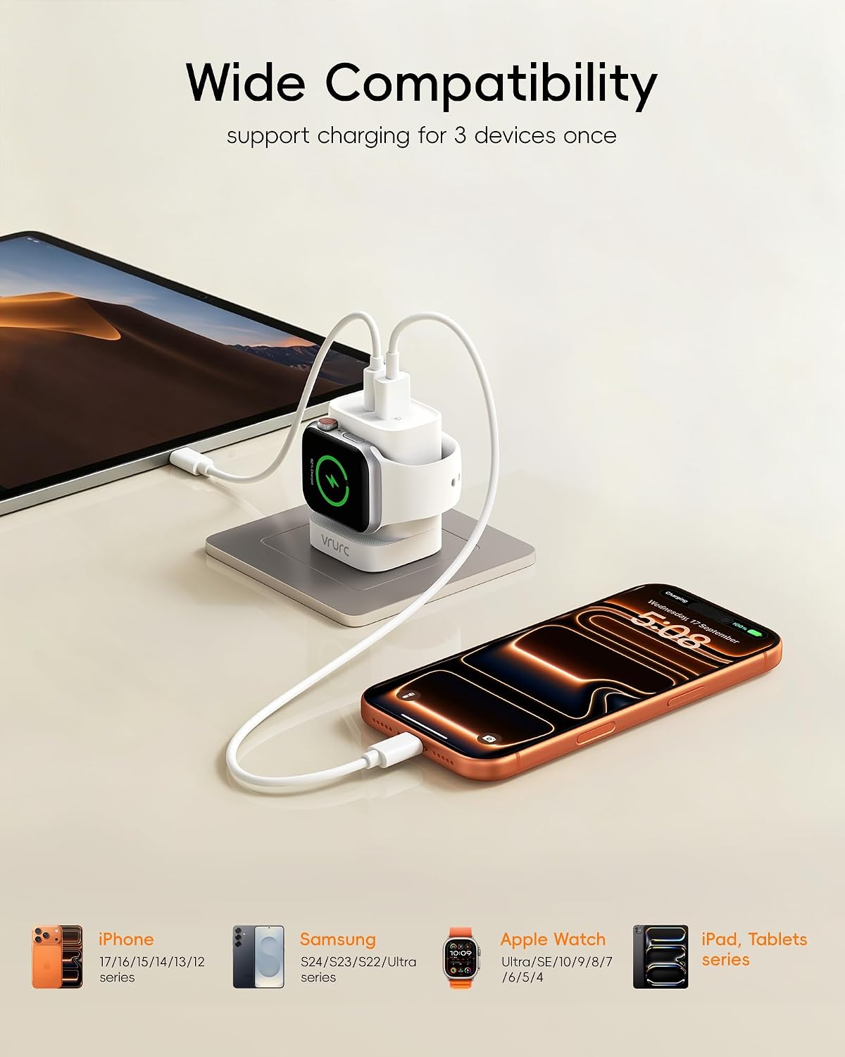 VRURC Fast Charger for Apple Watch, Built-in Wireless Magnetic Charging Station for iWatch SE/11/10/9/8/7/6/5/4, PD 20W USB C Charging Block, Foldable Wall Charger for iPhone 17/16/15/14/13-White