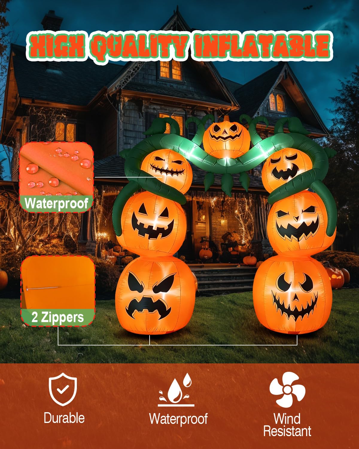 12FT Giant Halloween Inflatable Pumpkin, Blow up Halloween Decoration Built-in 6 LED and Flashing Light for Halloween Decoration Outdoor Indoor Home Party Supplies Halloween Lawn Decor