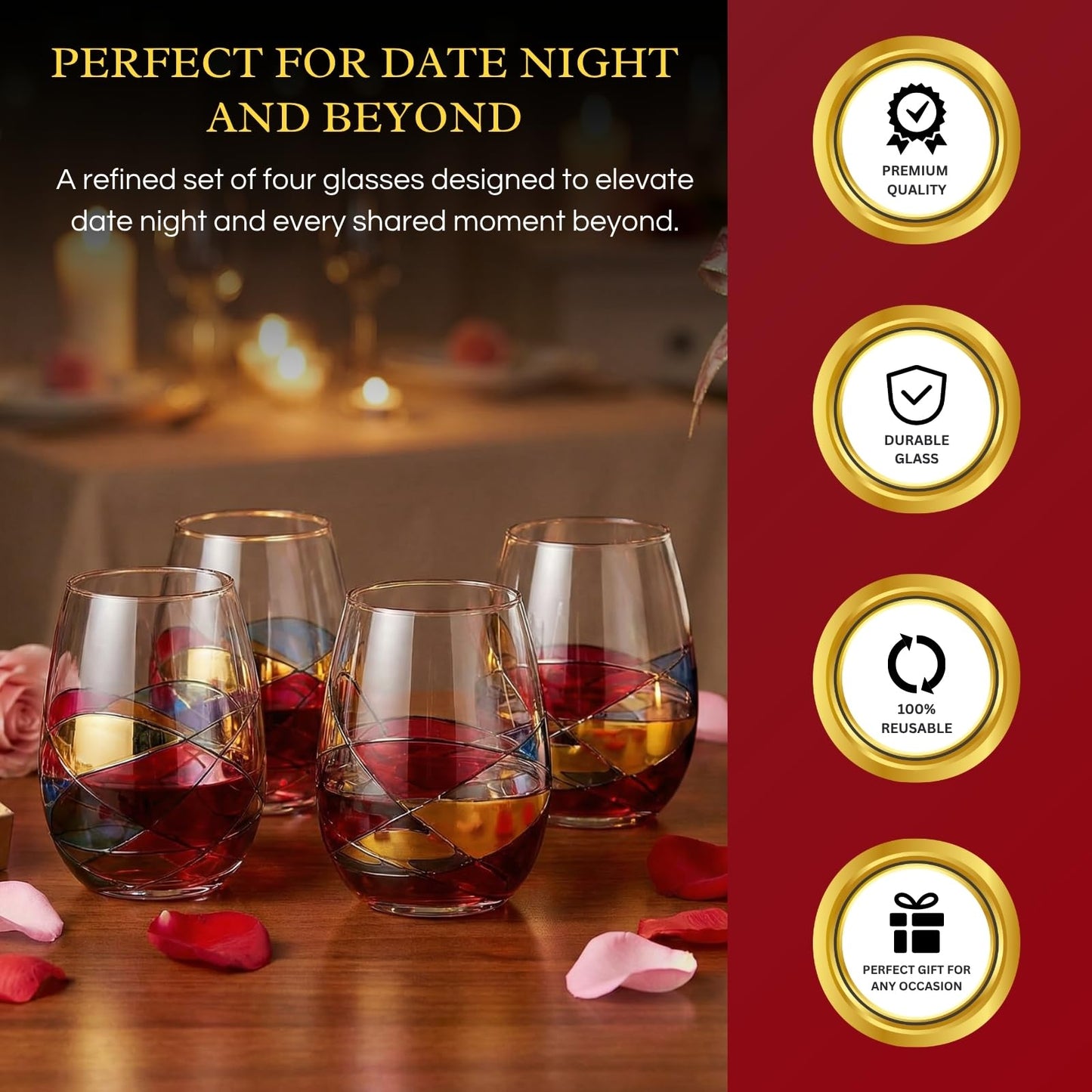 Artisanal Hand Painted Stemless Wine Glasses - Everyday Celebrations, Gift Idea for Wife, Mom, Valentine, Holiday Renaissance Romantic Stain-glassed Windows, 2 Set - Gift Idea Birthday, Housewarming