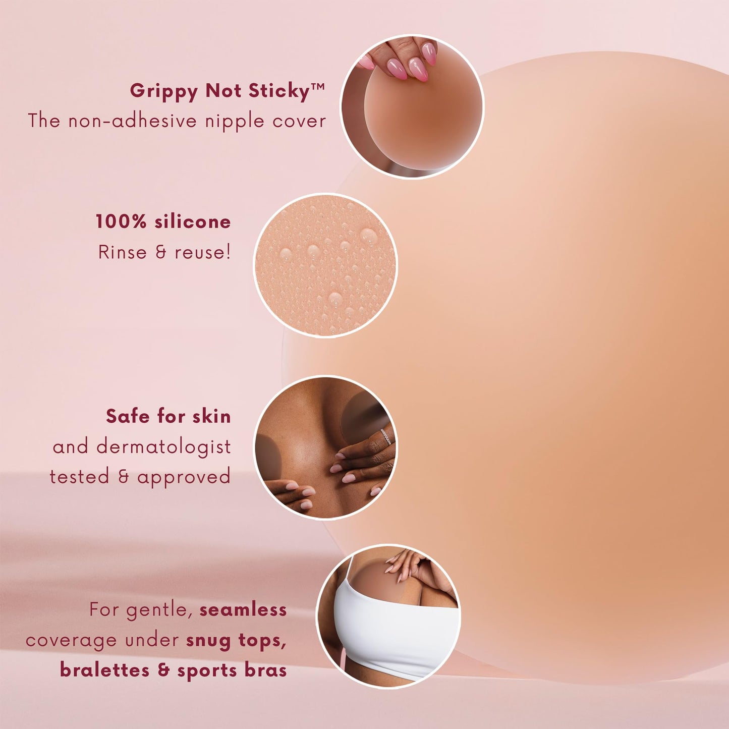 CAKES Body® Grippy Non-Adhesive Silicone Nipple Covers for Women (NO STICKY ADHESIVE) - Reusable, Silicone (Circle)