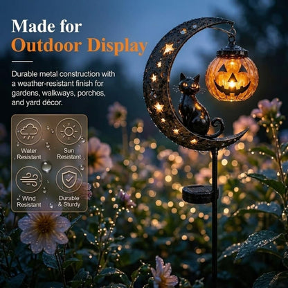 Solar Halloween Black Cat & Pumpkin Moon Garden Stake Light, Waterproof Solar Black Cat on Crescent Moon with Hanging Pumpkin Lantern, Outdoor Halloween Yard Decor for Garden, Patio, Lawn, Pathway